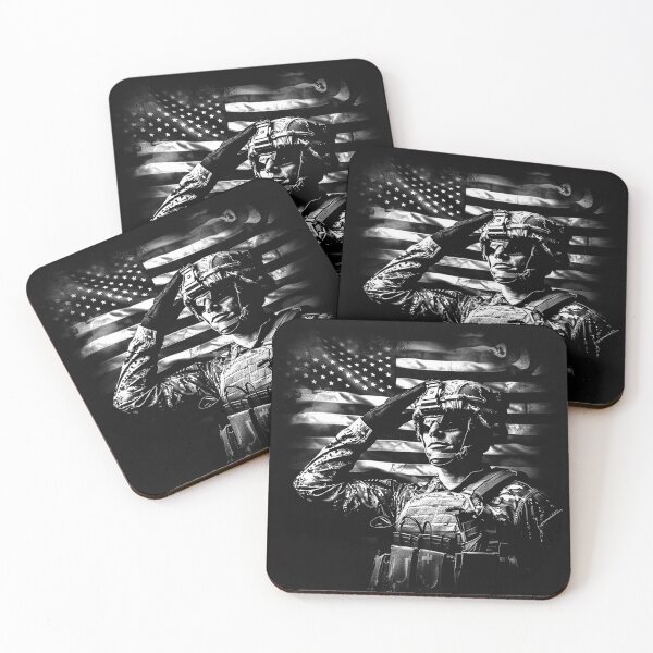 Item preview, Saluting Soldier with American Flag Black and White Military Art designed and sold by inkoutninja.