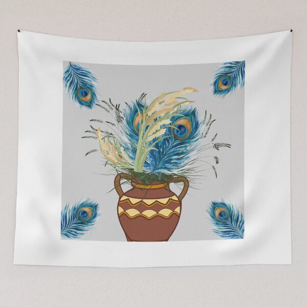 Item preview, Peacock Feather Bouquet in Terracotta Jug with Wheat and Grass designed and sold by Extremeallie.