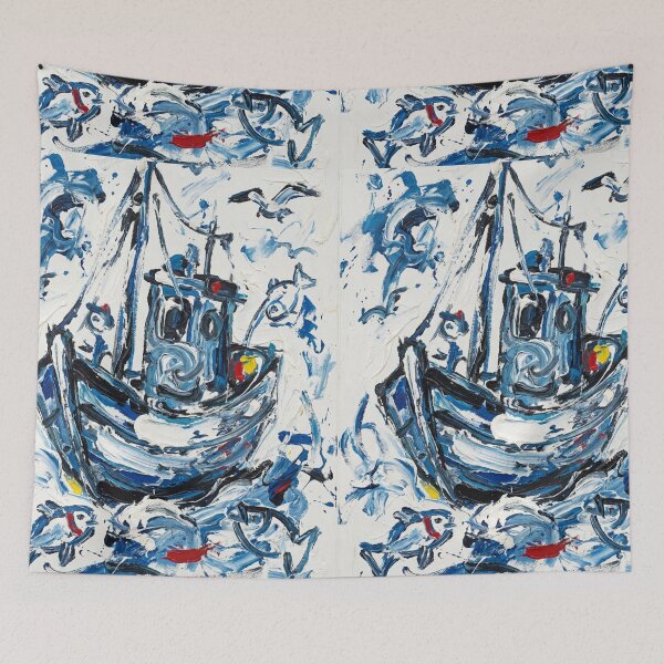 Item preview, Vibrant Abstract Fishing Boat CoBrA Movement Expressionist Painting designed and sold by OddlySticky.