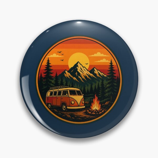 Item preview, The Urban Explorer | Vintage Vanlife Campfire Sunset Mountain Badge designed and sold by The Urban Explorer.