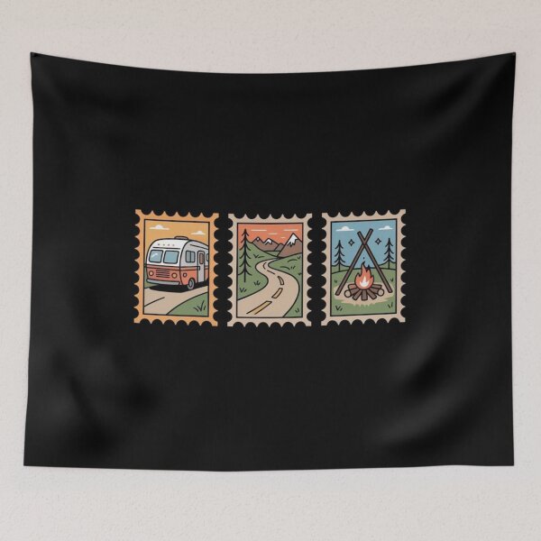Item preview, Camping Adventure Postage Stamps – Retro RV, Mountain Trail & Campfire Design designed and sold by Palette & Hue.