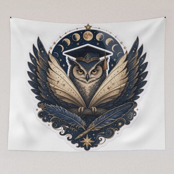 Item preview, Dark Academia Celestial Owl Scholar Moon Phases Open Book Quill Bookish Emblem designed and sold by StickyGuys.