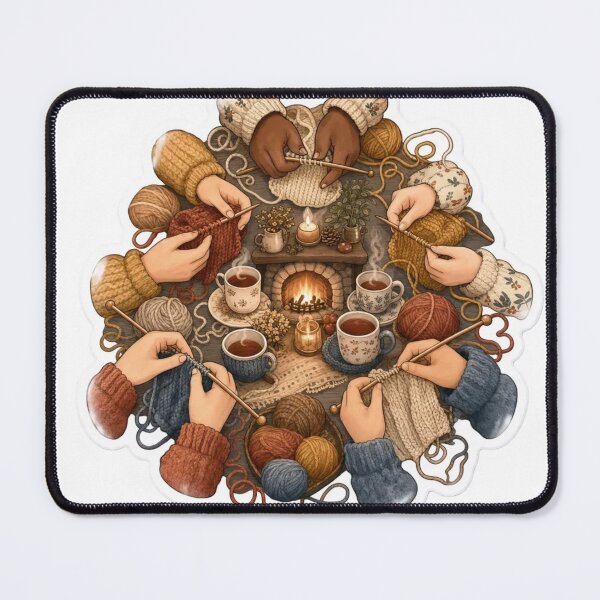 Item preview, Cottagecore Knitting Circle Yarn Needles Tea Fireside Cozy Community Craft Emblem designed and sold by StickyGuys.