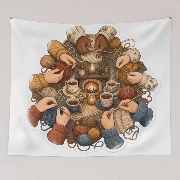 Item preview, Cottagecore Knitting Circle Yarn Needles Tea Fireside Cozy Community Craft Emblem designed and sold by StickyGuys.