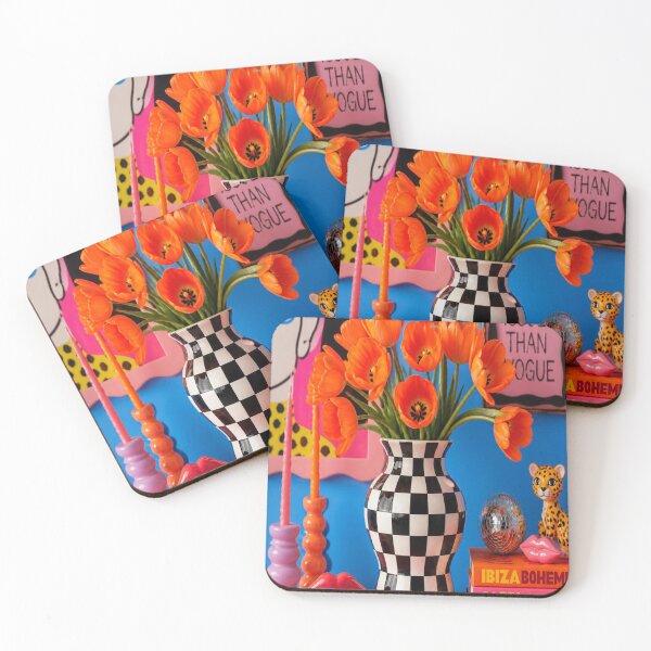 Item preview, Quirky Checkerboard Vase Neon Orange Tulips Eclectic Art Print designed and sold by Gameshalah's Designs Hub.