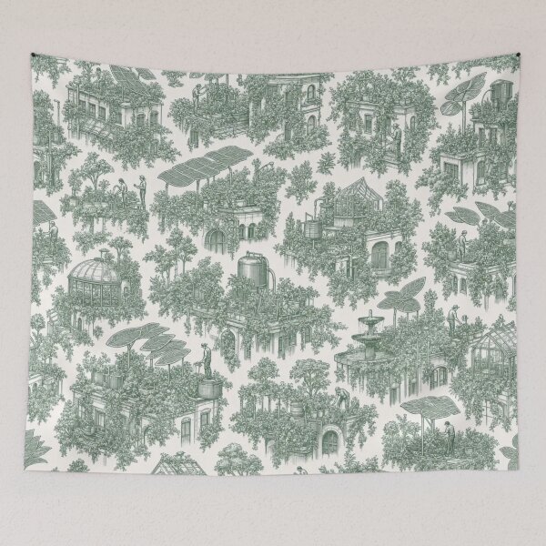 Item preview, Solarpunk Rooftop Community Garden Overgrown Green Future Hopepunk Utopia Toile designed and sold by StickyGuys.