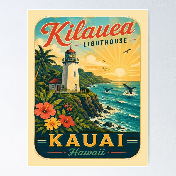 Item preview, Kilauea Lighthouse Kauai Hawaii Retro Travel Poster Shirt | Vintage Hawaiian Coastal Cliff & Pacific Ocean Vacation Design designed and sold by Globalcitytees.