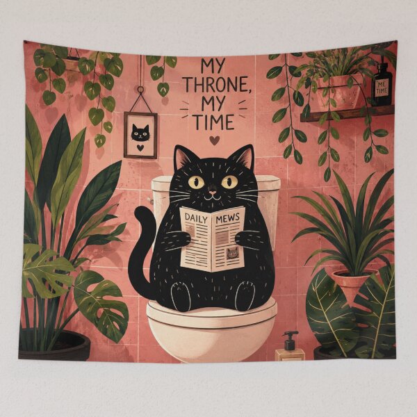 Item preview, My Throne My Time Funny Black Cat Bathroom Wall Art | Cat Reading Newspaper on Toilet | Cute Cat Lover Bathroom Decor Gift designed and sold by AbstractAuraArt.