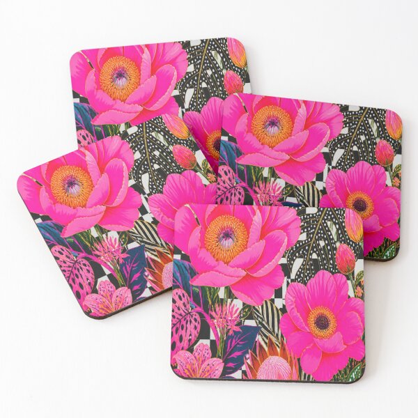 Item preview, Maximalist Neon Pink Flowers Black and White Checkerboard Art designed and sold by Gameshalah's Designs Hub.