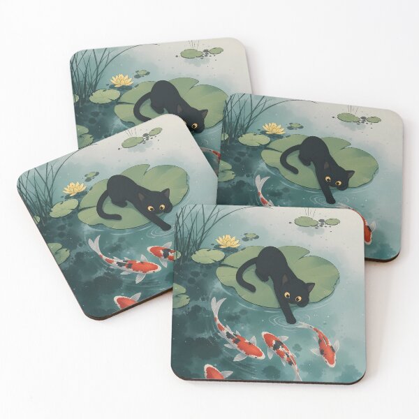 Item preview, Curious Black Cat and Koi Fish in Lotus Pond designed and sold by PurrfectHome.