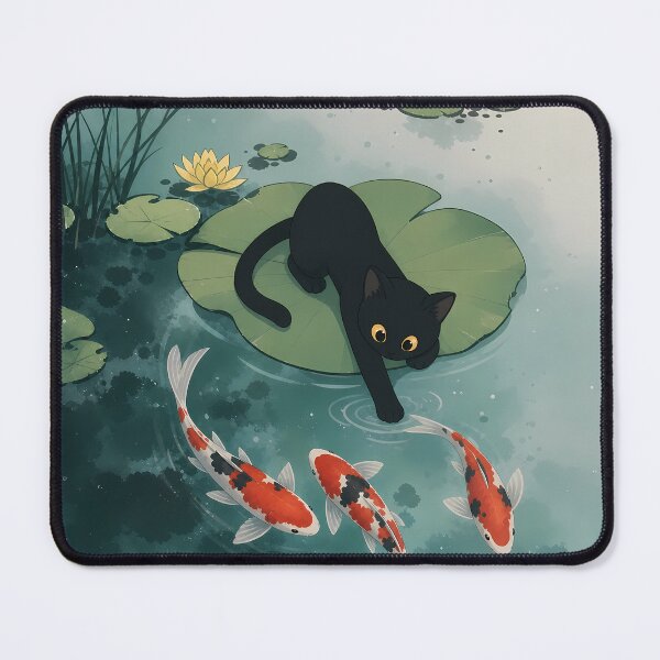 Item preview, Curious Black Cat and Koi Fish in Lotus Pond designed and sold by PurrfectHome.