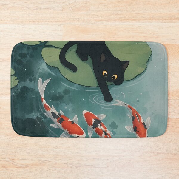 Item preview, Curious Black Cat and Koi Fish in Lotus Pond designed and sold by PurrfectHome.