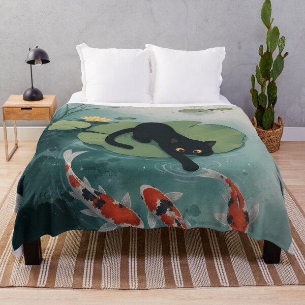 Item preview, Curious Black Cat and Koi Fish in Lotus Pond designed and sold by PurrfectHome.