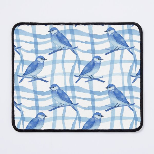 Item preview, Monochromatic Bluebirds on Wavy Watercolor Plaid designed and sold by wissal.studio.
