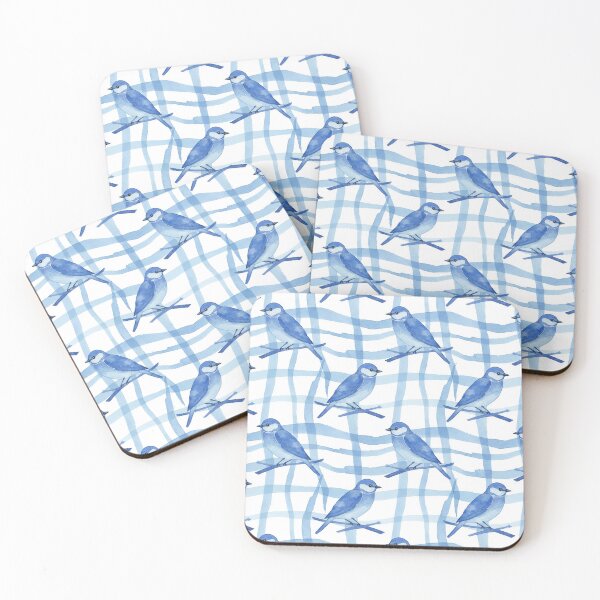 Item preview, Monochromatic Bluebirds on Wavy Watercolor Plaid designed and sold by wissal.studio.