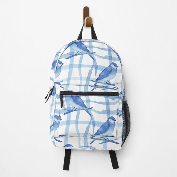 Item preview, Monochromatic Bluebirds on Wavy Watercolor Plaid designed and sold by wissal.studio.