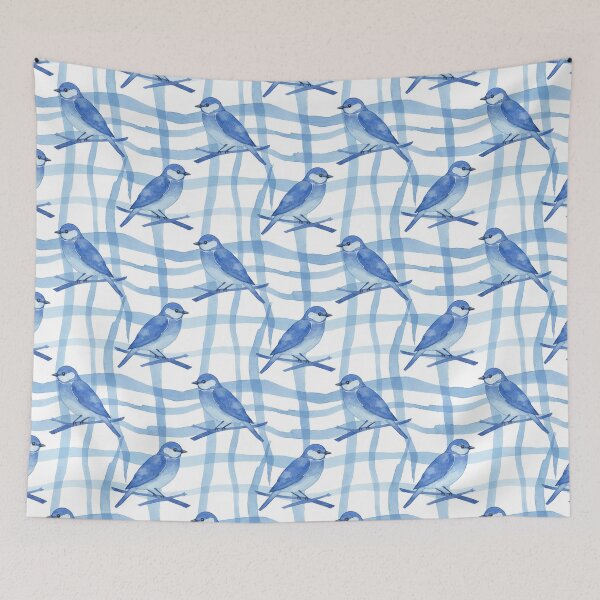 Item preview, Monochromatic Bluebirds on Wavy Watercolor Plaid designed and sold by wissal.studio.