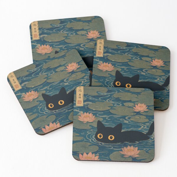 Item preview, Black Cat in Water Lily Pond Japanese Ukiyo-e Art designed and sold by PurrfectHome.