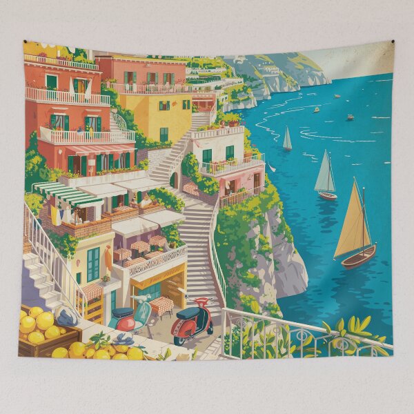 Item preview, Vintage Amalfi Coast Positano Travel Poster | Retro Italian Riviera Wall Art | 1960s Mediterranean Vacation Print designed and sold by Tamas Das.