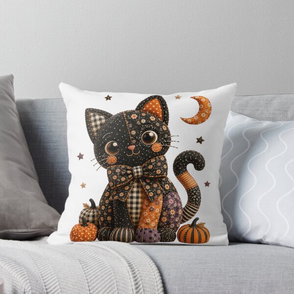Item preview, Cute Patchwork Black Cat | Farmhouse Halloween & Autumn Art designed and sold by DecoVibe.