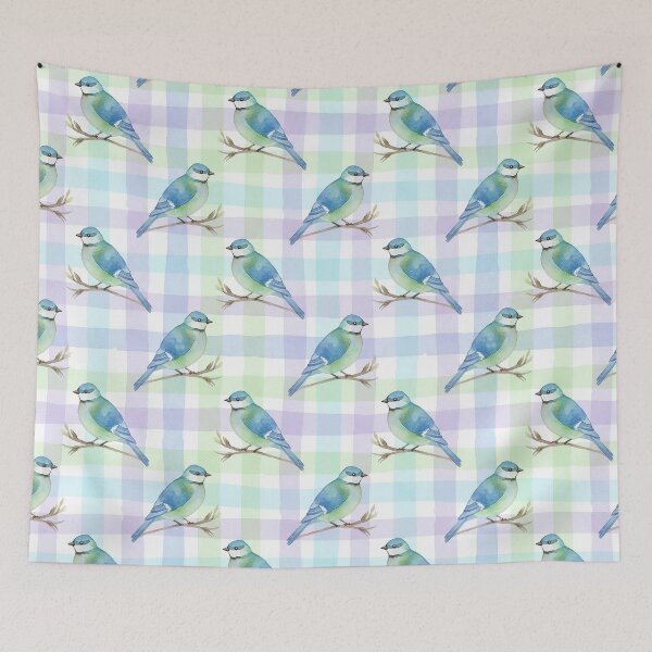 Item preview, Pastel Watercolor Songbird on Multicolor Plaid Grid designed and sold by wissal.studio.