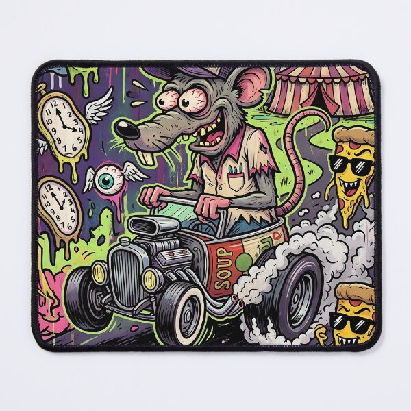 Item preview, Waste Land Wanderer – Crazy Rat Hot Rod Driver in Surreal Lowbrow Cartoon Illustration designed and sold by Bhaskar Digital Art.