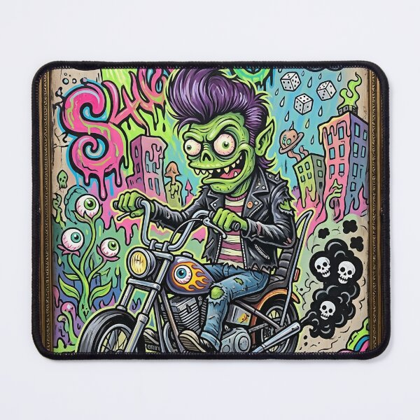 Item preview, Psychedelic Punk Zombie Biker in Surreal Street Art City – Lowbrow Pop Surreal Illustration designed and sold by Bhaskar Digital Art.