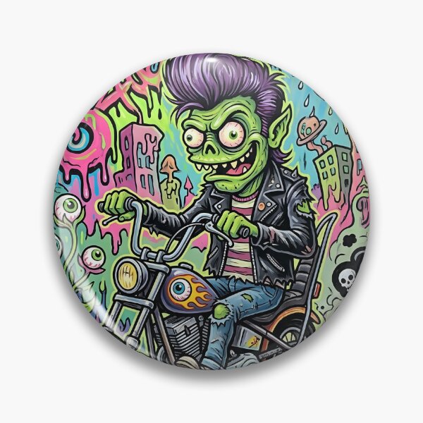 Item preview, Psychedelic Punk Zombie Biker in Surreal Street Art City – Lowbrow Pop Surreal Illustration designed and sold by Bhaskar Digital Art.