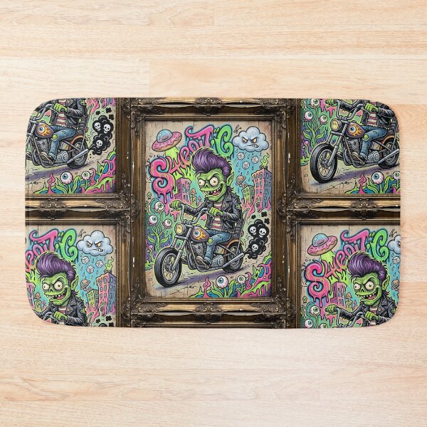 Item preview, Psychedelic Punk Zombie Biker in Surreal Street Art City – Lowbrow Pop Surreal Illustration designed and sold by Bhaskar Digital Art.