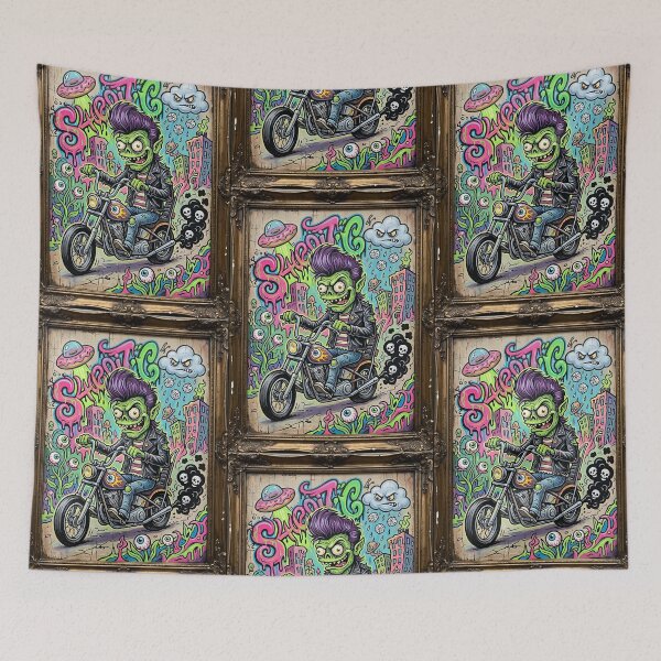 Item preview, Psychedelic Punk Zombie Biker in Surreal Street Art City – Lowbrow Pop Surreal Illustration designed and sold by Bhaskar Digital Art.