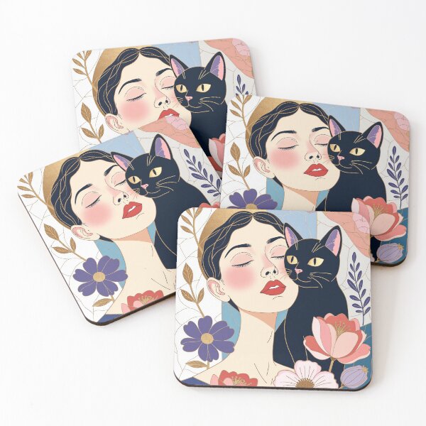Item preview, Beautiful Woman with Black Cat | Elegant Flat Wall Art Illustration designed and sold by QQQueen.