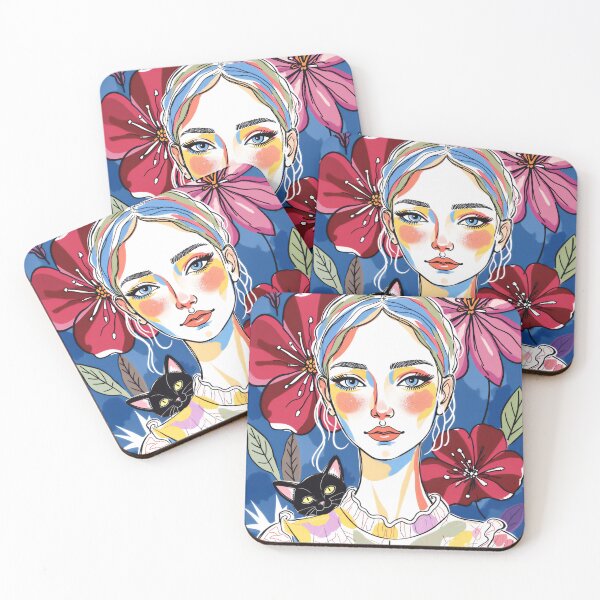 Item preview, Beautiful Woman Portrait with Black Cat and Flowers designed and sold by QQQueen.