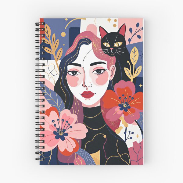 Item preview, Beautiful Woman with Black Cat Among Blooming Flowers | Flat 2D Botanical Wall Art designed and sold by QQQueen.