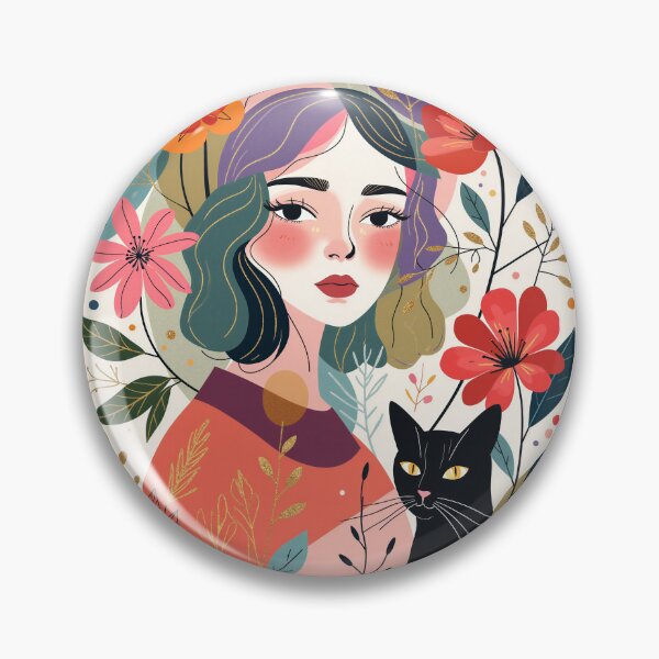 Item preview, Beautiful Woman with Black Cat Among Wildflowers | Botanical Floral Wall Art designed and sold by QQQueen.