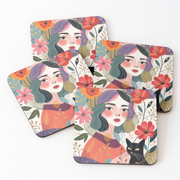 Item preview, Beautiful Woman with Black Cat Among Wildflowers | Botanical Floral Wall Art designed and sold by QQQueen.