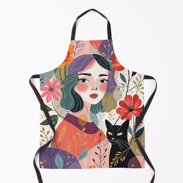 Item preview, Beautiful Woman with Black Cat Among Wildflowers | Botanical Floral Wall Art designed and sold by QQQueen.