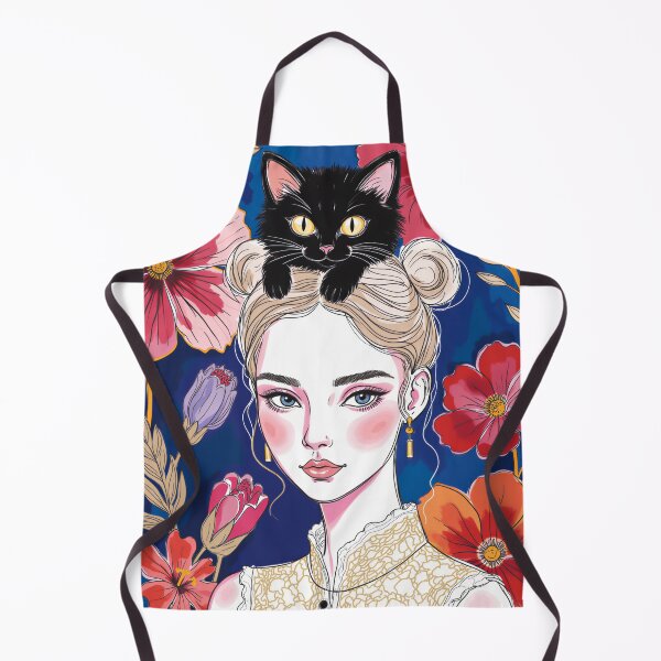 Item preview, Woman with Black Cat Art - Colorful Floral Portrait for Cat Lovers designed and sold by QQQueen.