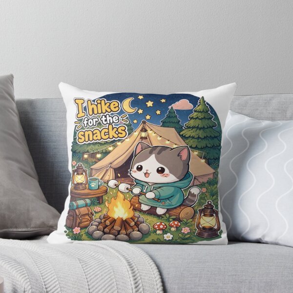 Aperçu de l'œuvre Je randonne pour les en-cas Chat mignon en camping | Autocollant chat de randonnée amusant créée et vendue par MurkCraft.