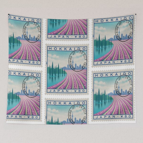 Item preview, Hokkaido Japan Lavender Pond Skyline Stamp Sticker designed and sold by stickercuffs.