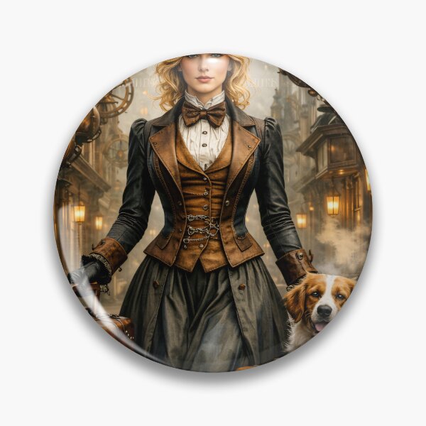Item preview, Steampunk Lady and Dog Traveler – Victorian Clockwork City Adventure Print designed and sold by Kaleidoscope Print.