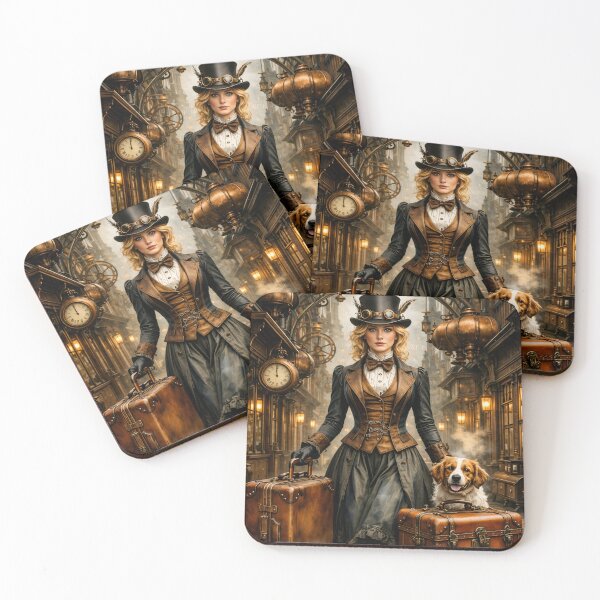 Item preview, Steampunk Lady and Dog Traveler – Victorian Clockwork City Adventure Print designed and sold by Kaleidoscope Print.