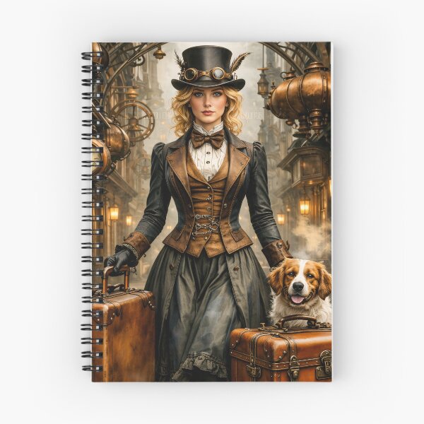 Item preview, Steampunk Lady and Dog Traveler – Victorian Clockwork City Adventure Print designed and sold by Kaleidoscope Print.