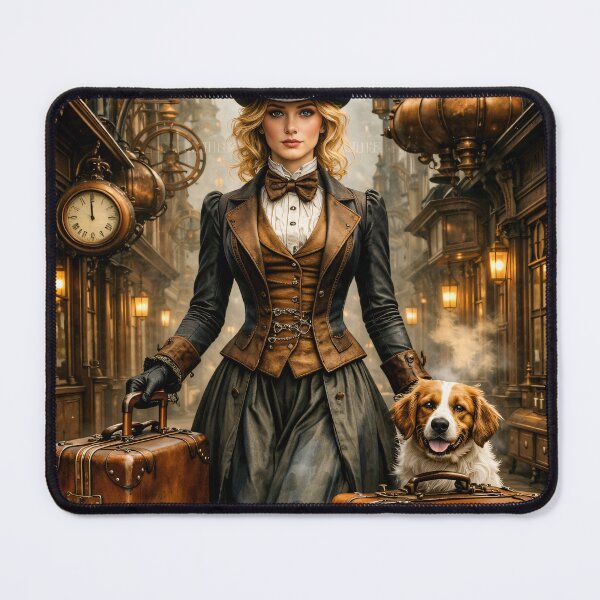 Item preview, Steampunk Lady and Dog Traveler – Victorian Clockwork City Adventure Print designed and sold by Kaleidoscope Print.