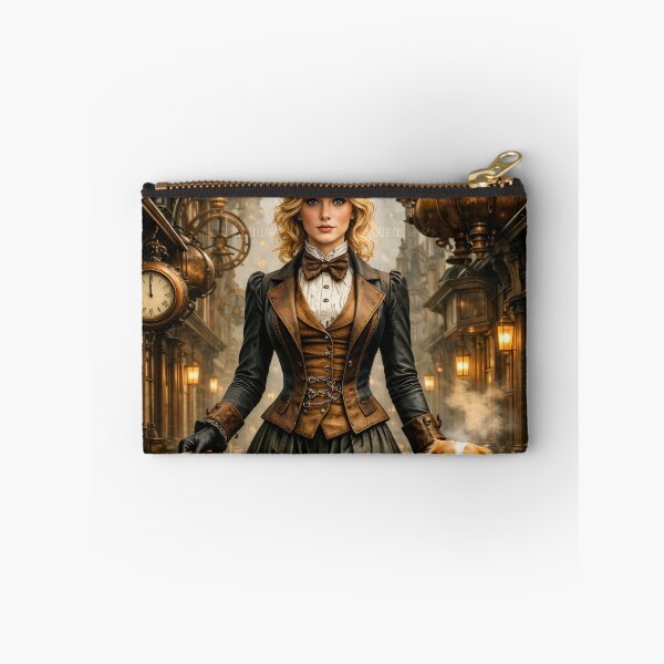Item preview, Steampunk Lady and Dog Traveler – Victorian Clockwork City Adventure Print designed and sold by Kaleidoscope Print.