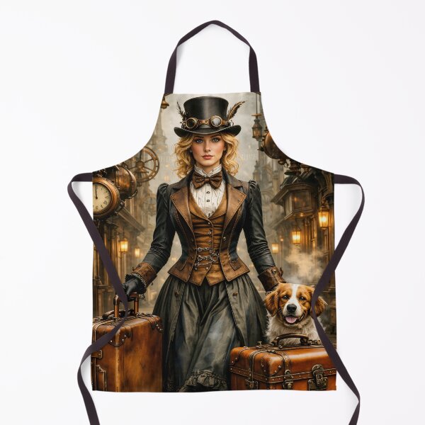 Item preview, Steampunk Lady and Dog Traveler – Victorian Clockwork City Adventure Print designed and sold by Kaleidoscope Print.