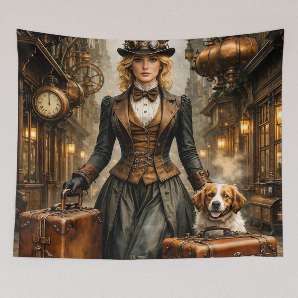 Item preview, Steampunk Lady and Dog Traveler – Victorian Clockwork City Adventure Print designed and sold by Kaleidoscope Print.