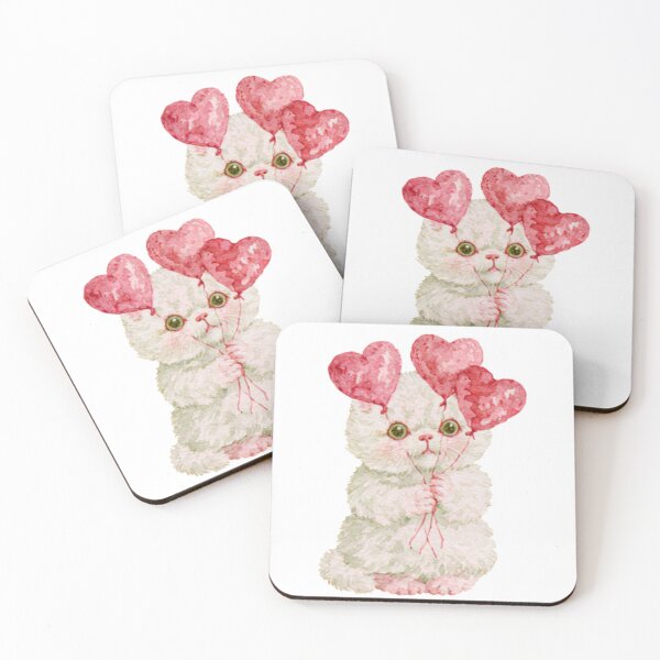 Item preview, Cute White Kitten Holding Heart Balloons designed and sold by bubulaladesigns.