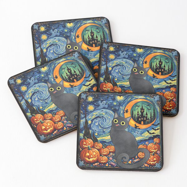 Item preview, Funny Black Cat Halloween Starry Night Van Gogh Cute Spooky Haunted House Full Moon designed and sold by gear-posters.