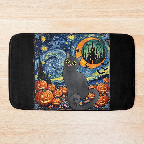 Item preview, Funny Black Cat Halloween Starry Night Van Gogh Cute Spooky Haunted House Full Moon designed and sold by gear-posters.