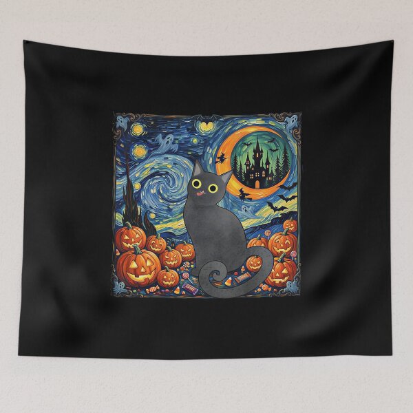 Item preview, Funny Black Cat Halloween Starry Night Van Gogh Cute Spooky Haunted House Full Moon designed and sold by gear-posters.